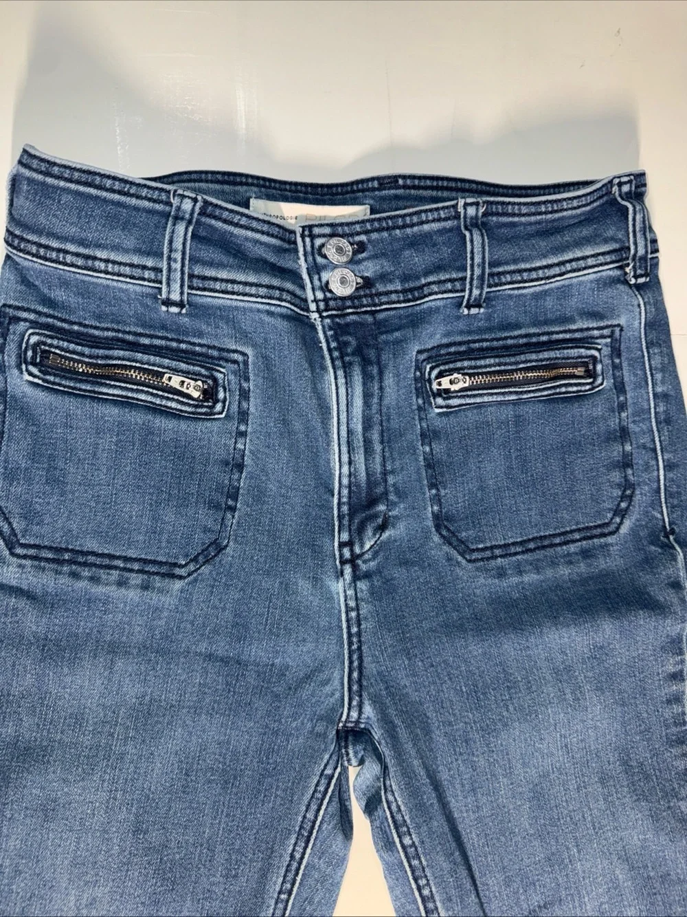 Anthropologie Dark Blue Flare Jeans with Zip Pocket Detail